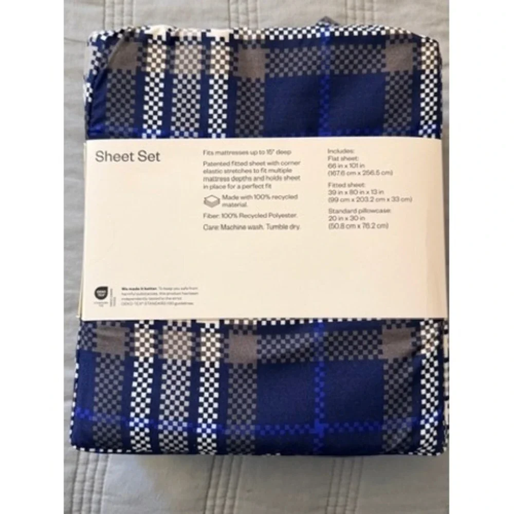 Room Essentials Sheet Set Twin XL‎ Blue Plaid Microfiber Wrinkle Free NWT